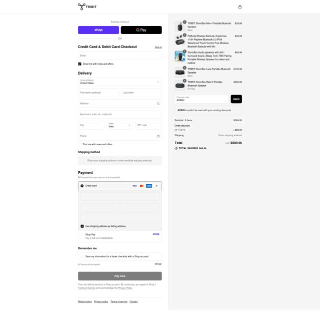 Tribit Audio checkout page showing Tribit Audio promo code box | Screenshot taken by SimplyCodes community member on Sep 16, 2025