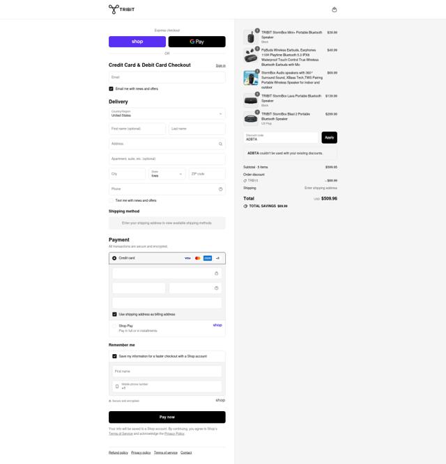 Tribit Audio checkout page showing Tribit Audio promo code box | Screenshot taken by SimplyCodes community member on Sep 16, 2025