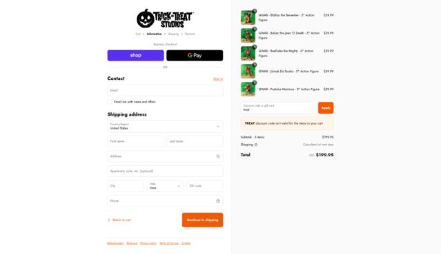 Trick Or Treat Studios checkout page showing Trick Or Treat Studios discount code box | Screenshot taken by SimplyCodes community member on Sep 12, 2025