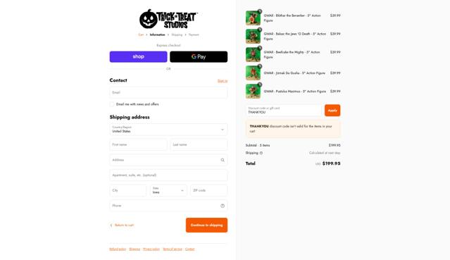 Trick Or Treat Studios checkout page showing Trick Or Treat Studios discount code box | Screenshot taken by SimplyCodes community member on Sep 12, 2025