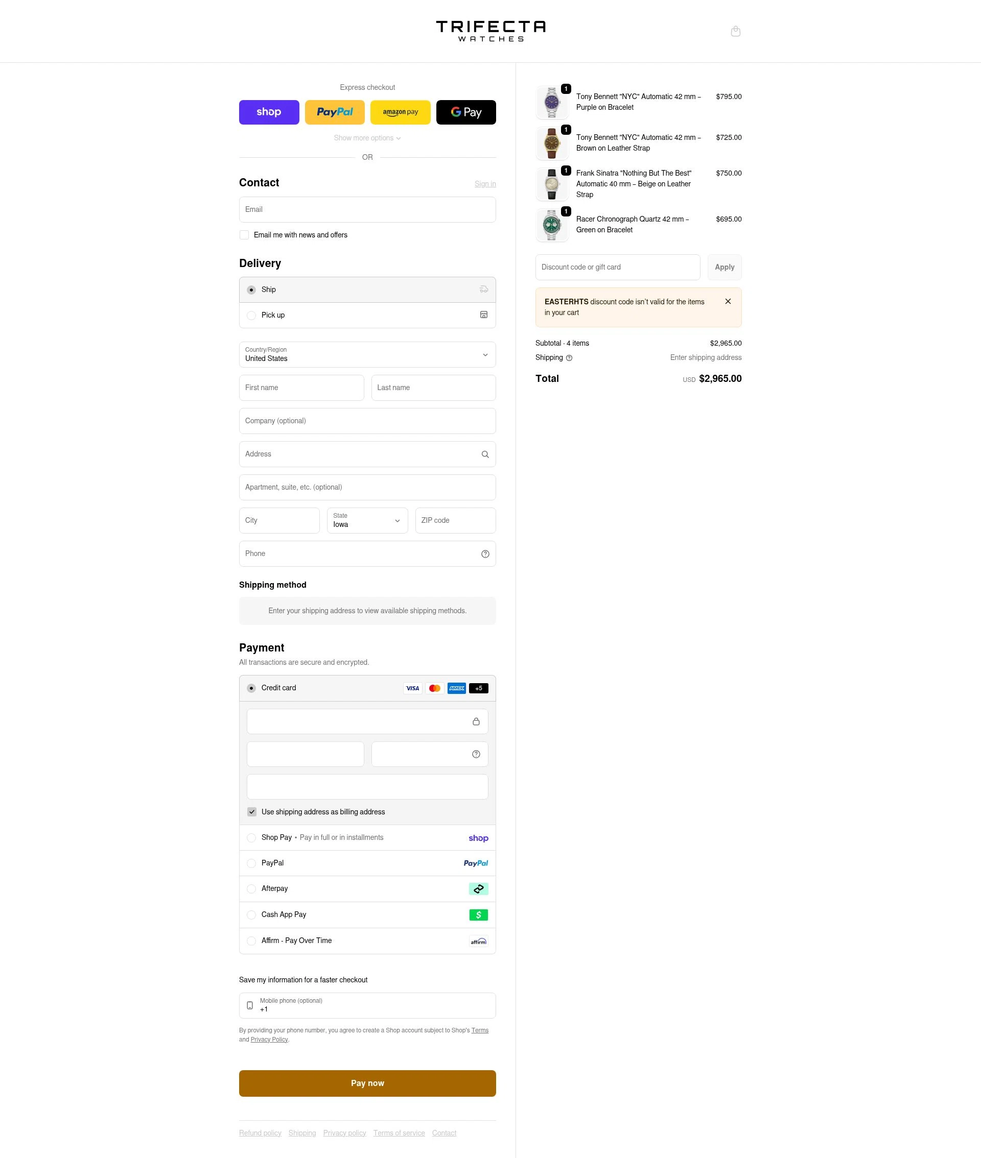 Trifecta Watches checkout page showing Trifecta Watches discount code box | Screenshot taken by SimplyCodes community member on Feb 24, 2026