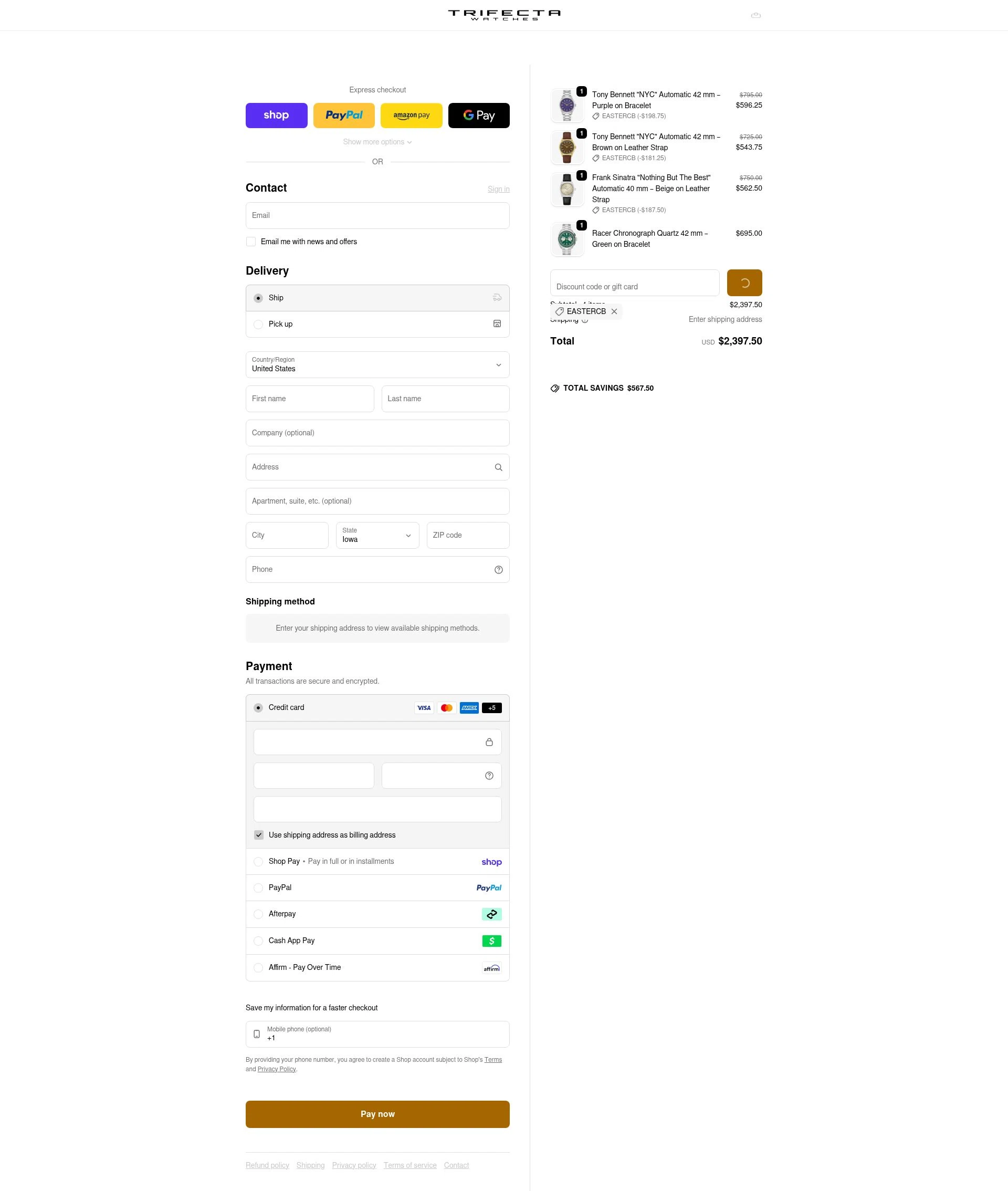 Trifecta Watches checkout page showing Trifecta Watches discount code box | Screenshot taken by SimplyCodes community member on Feb 24, 2026