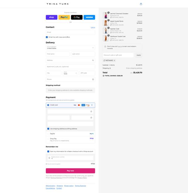 Trina Turk checkout page showing Trina Turk coupon code box | Screenshot taken by SimplyCodes community member on Sep 8, 2025