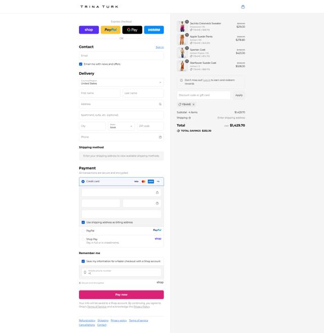 Trina Turk checkout page showing Trina Turk coupon code box | Screenshot taken by SimplyCodes community member on Sep 12, 2025