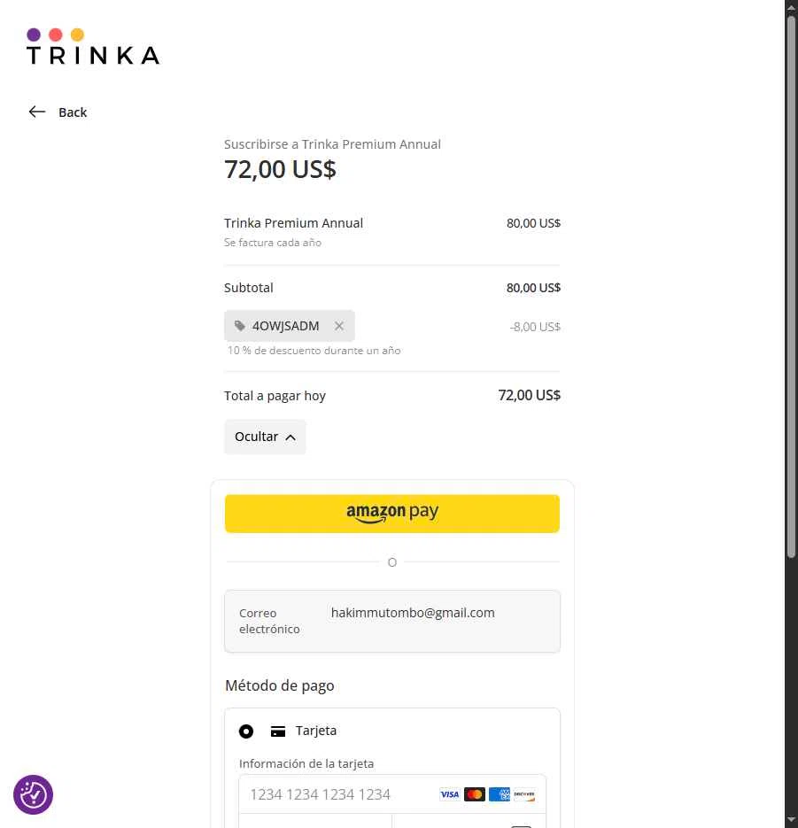 Trinka checkout page showing Trinka promo code box | Screenshot taken by SimplyCodes community member on Sep 16, 2025