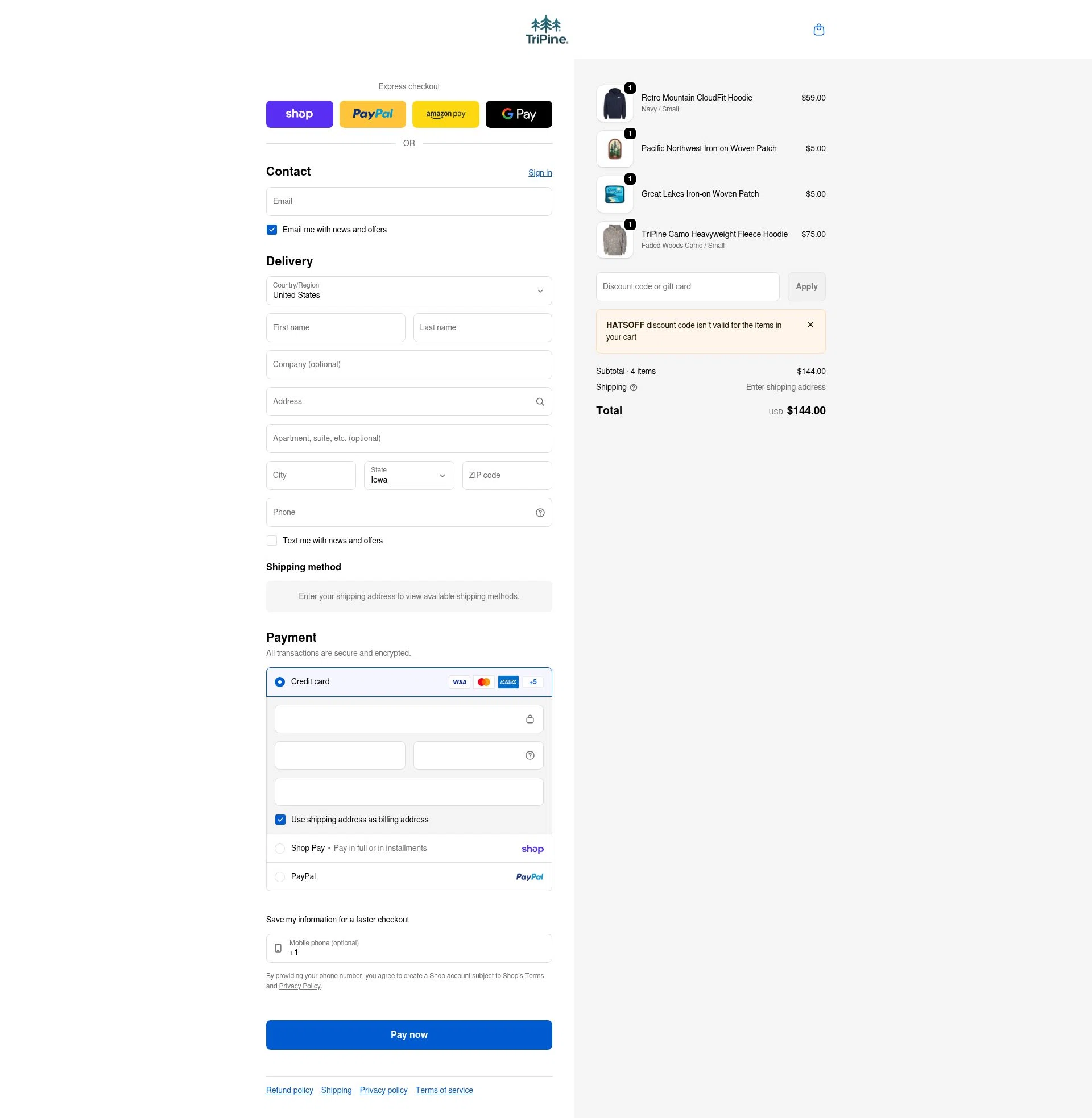TriPine checkout page showing TriPine discount code box | Screenshot taken by SimplyCodes community member on Feb 3, 2026