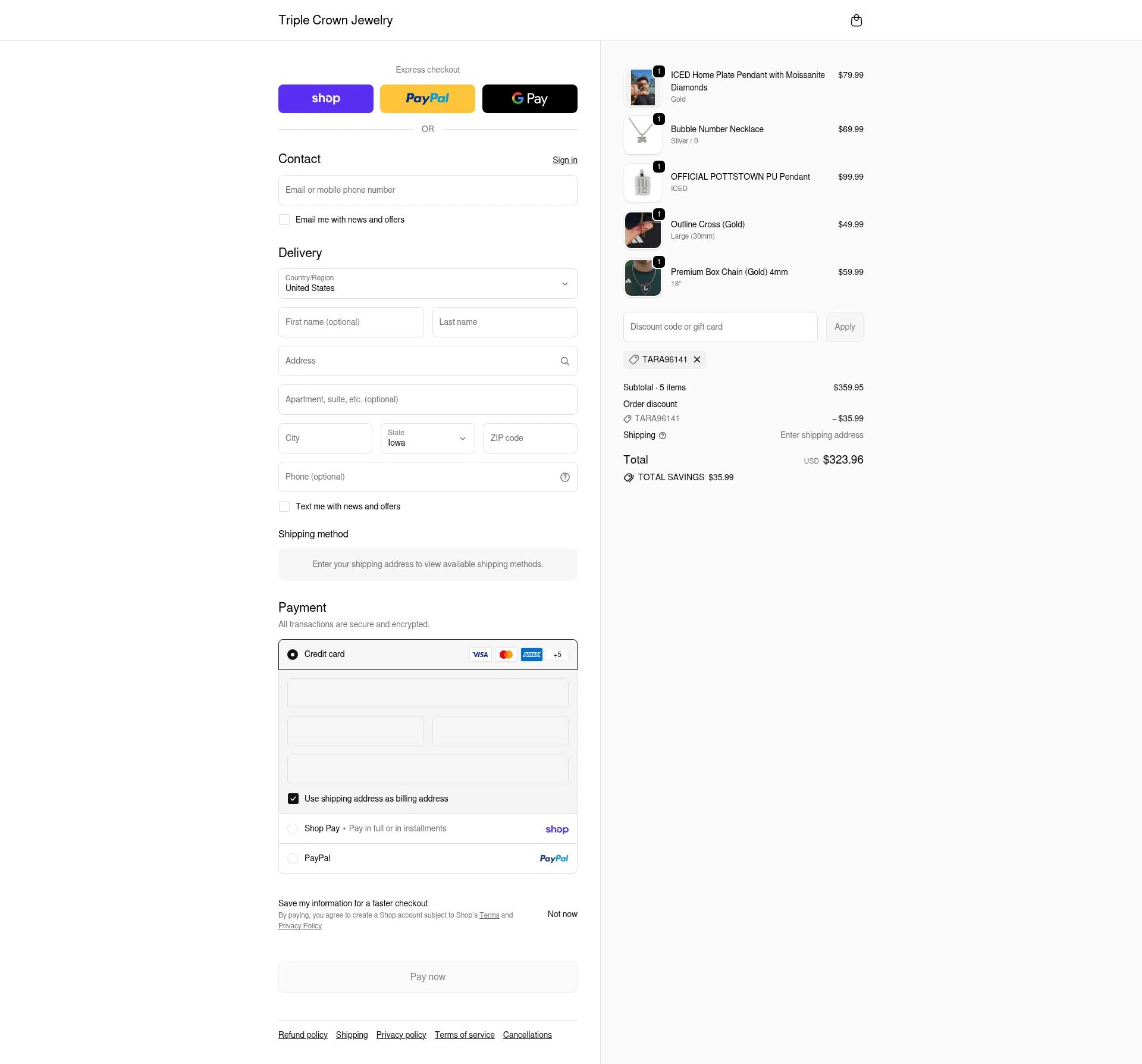 Triple Crown Jewelry checkout page showing Triple Crown Jewelry discount code box | Screenshot taken by SimplyCodes community member on Feb 18, 2026