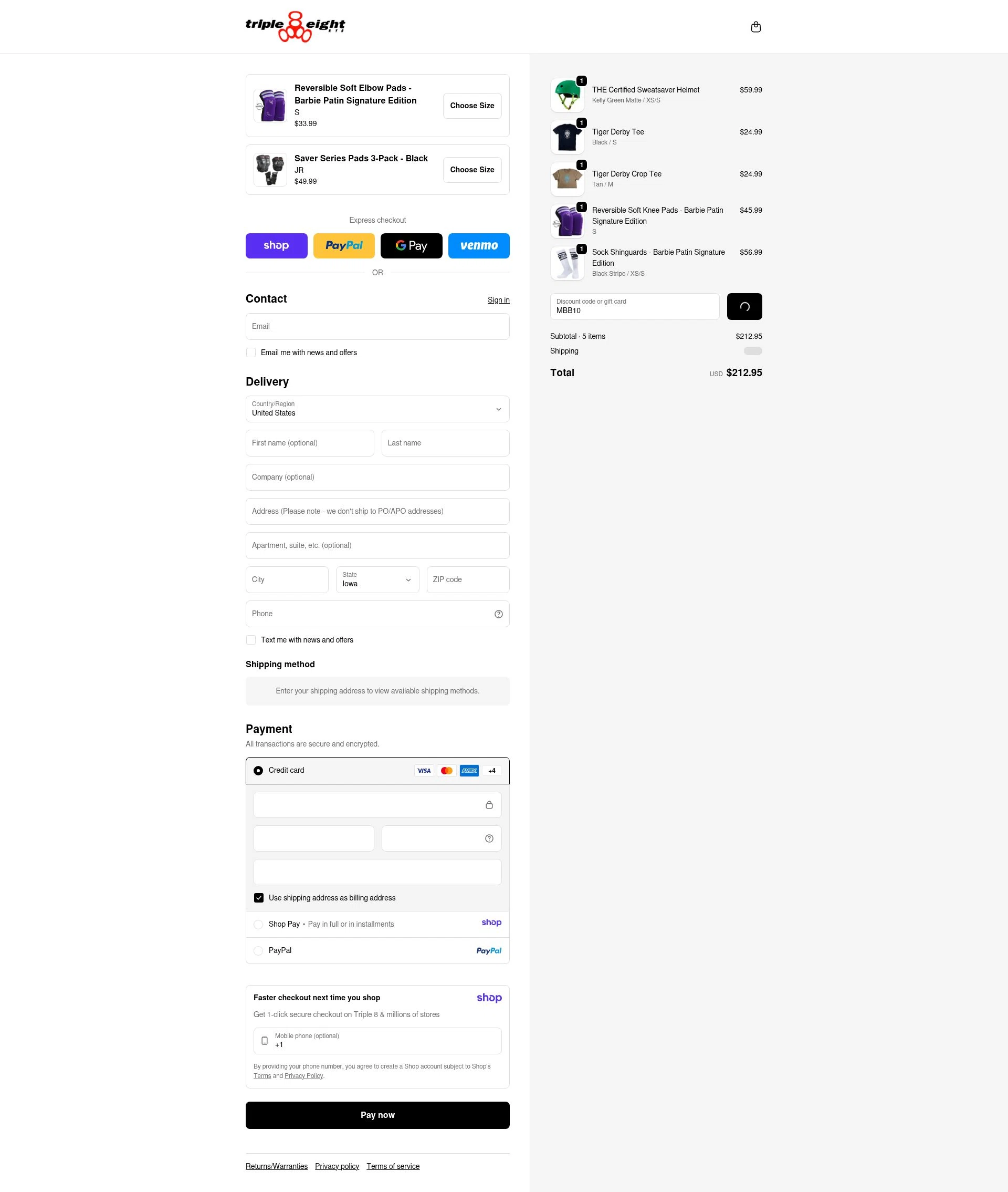 Triple Eight checkout page showing Triple Eight coupon code box | Screenshot taken by SimplyCodes community member on Jan 9, 2026