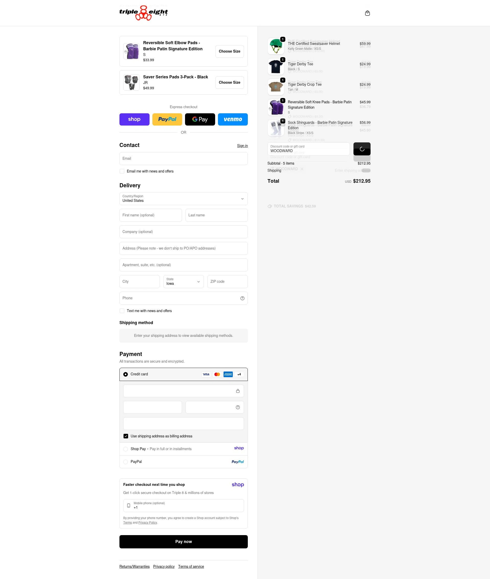Triple Eight checkout page showing Triple Eight coupon code box | Screenshot taken by SimplyCodes community member on Jan 9, 2026