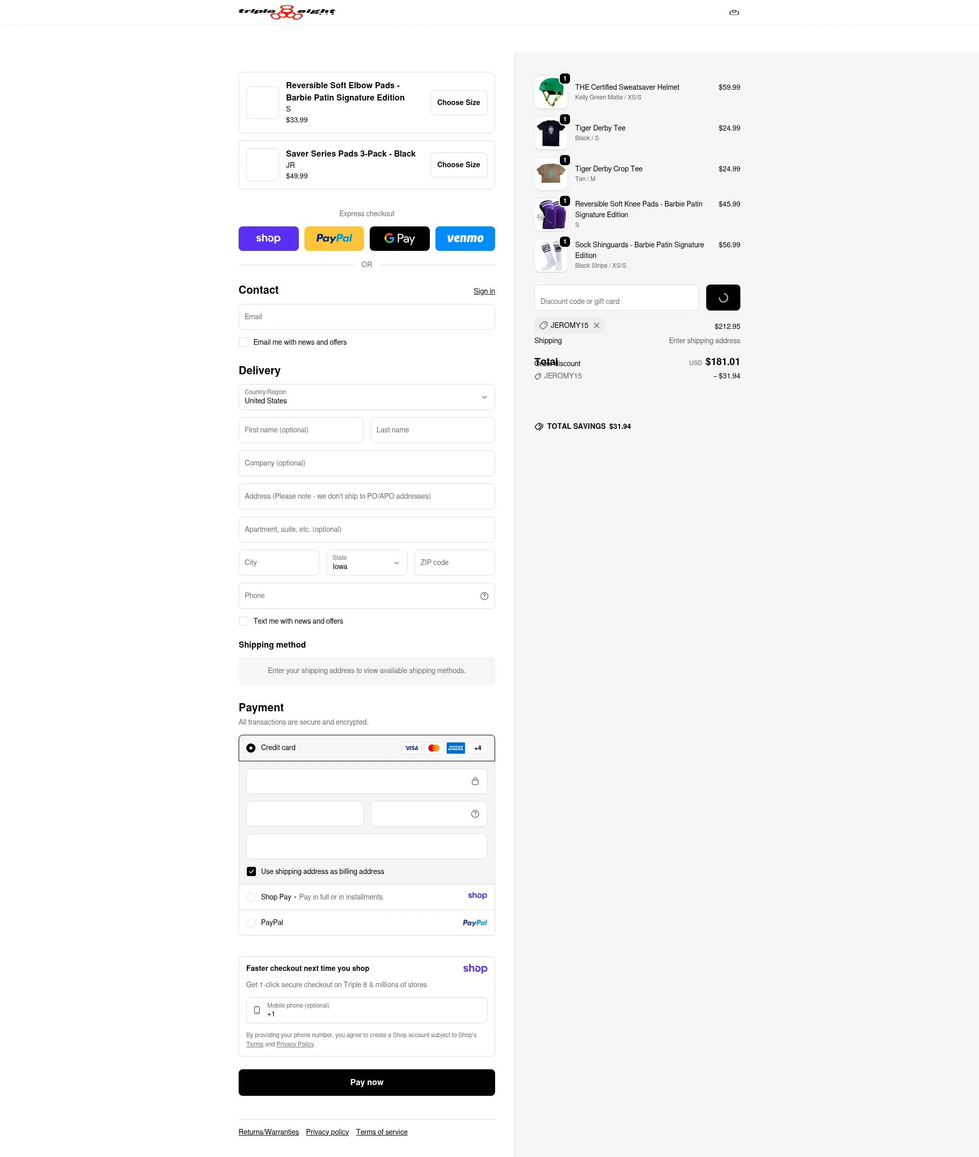 Triple Eight checkout page showing Triple Eight coupon code box | Screenshot taken by SimplyCodes community member on Jan 9, 2026