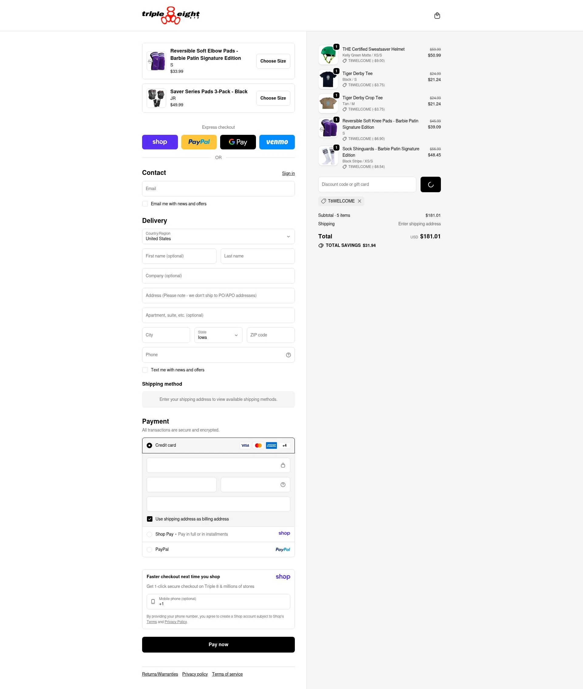 Triple Eight checkout page showing Triple Eight coupon code box | Screenshot taken by SimplyCodes community member on Jan 9, 2026
