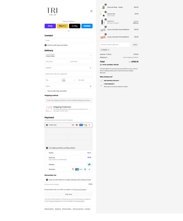 TriPollar checkout page showing TriPollar promo code box | Screenshot taken by SimplyCodes community member on Sep 3, 2025