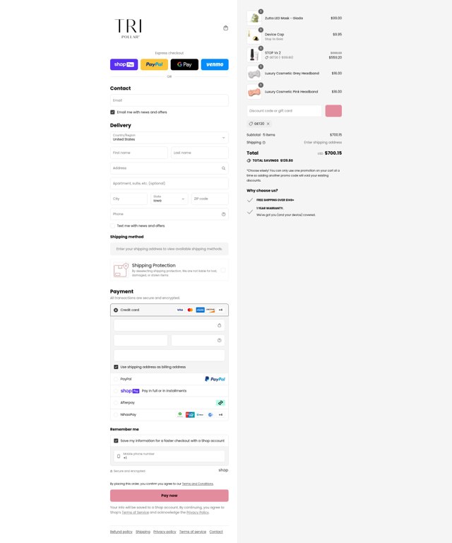 TriPollar checkout page showing TriPollar promo code box | Screenshot taken by SimplyCodes community member on Jul 31, 2025