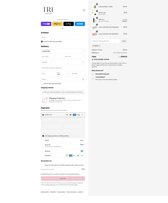 TriPollar checkout page showing TriPollar promo code box | Screenshot taken by SimplyCodes community member on Aug 16, 2025