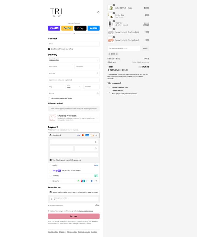 TriPollar checkout page showing TriPollar promo code box | Screenshot taken by SimplyCodes community member on Aug 12, 2025