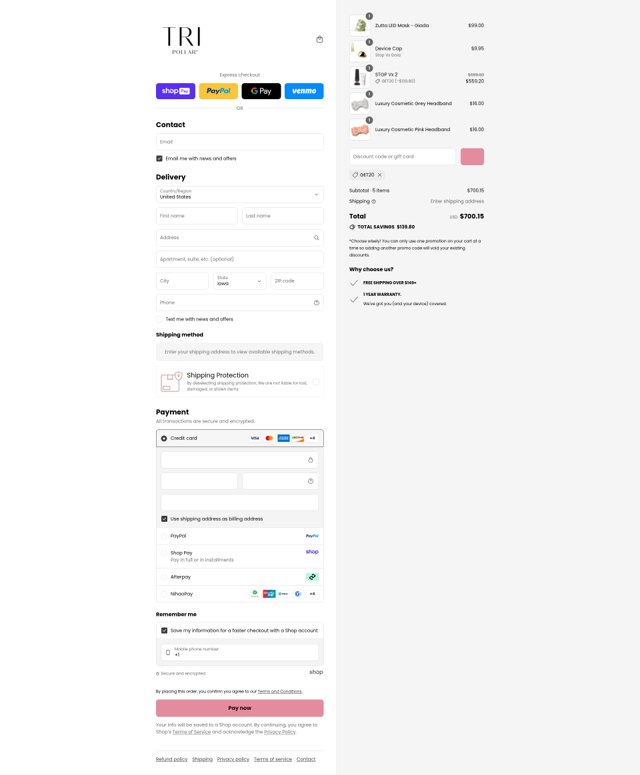 TriPollar checkout page showing TriPollar promo code box | Screenshot taken by SimplyCodes community member on Aug 22, 2025