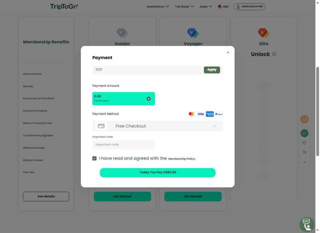 TripToGo checkout page showing TripToGo coupon code box | Screenshot taken by SimplyCodes community member on Apr 29, 2025
