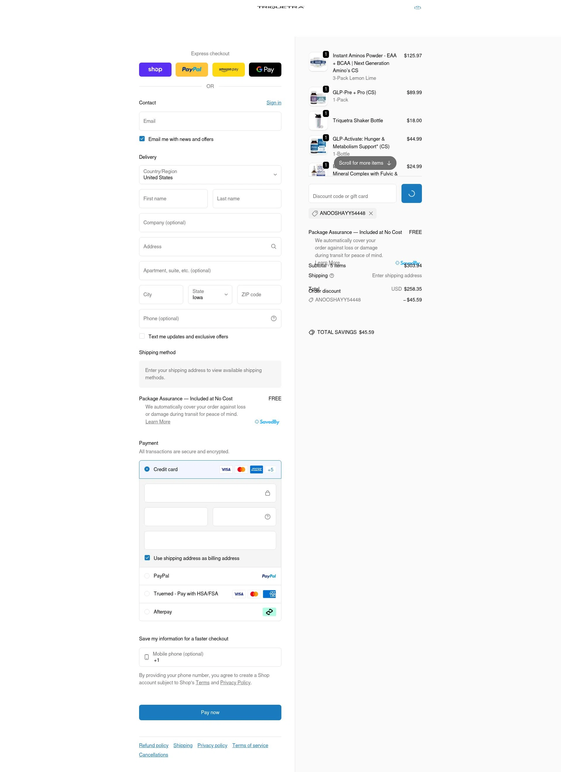 Triquetra Health checkout page showing Triquetra Health discount code box | Screenshot taken by SimplyCodes community member on Feb 8, 2026