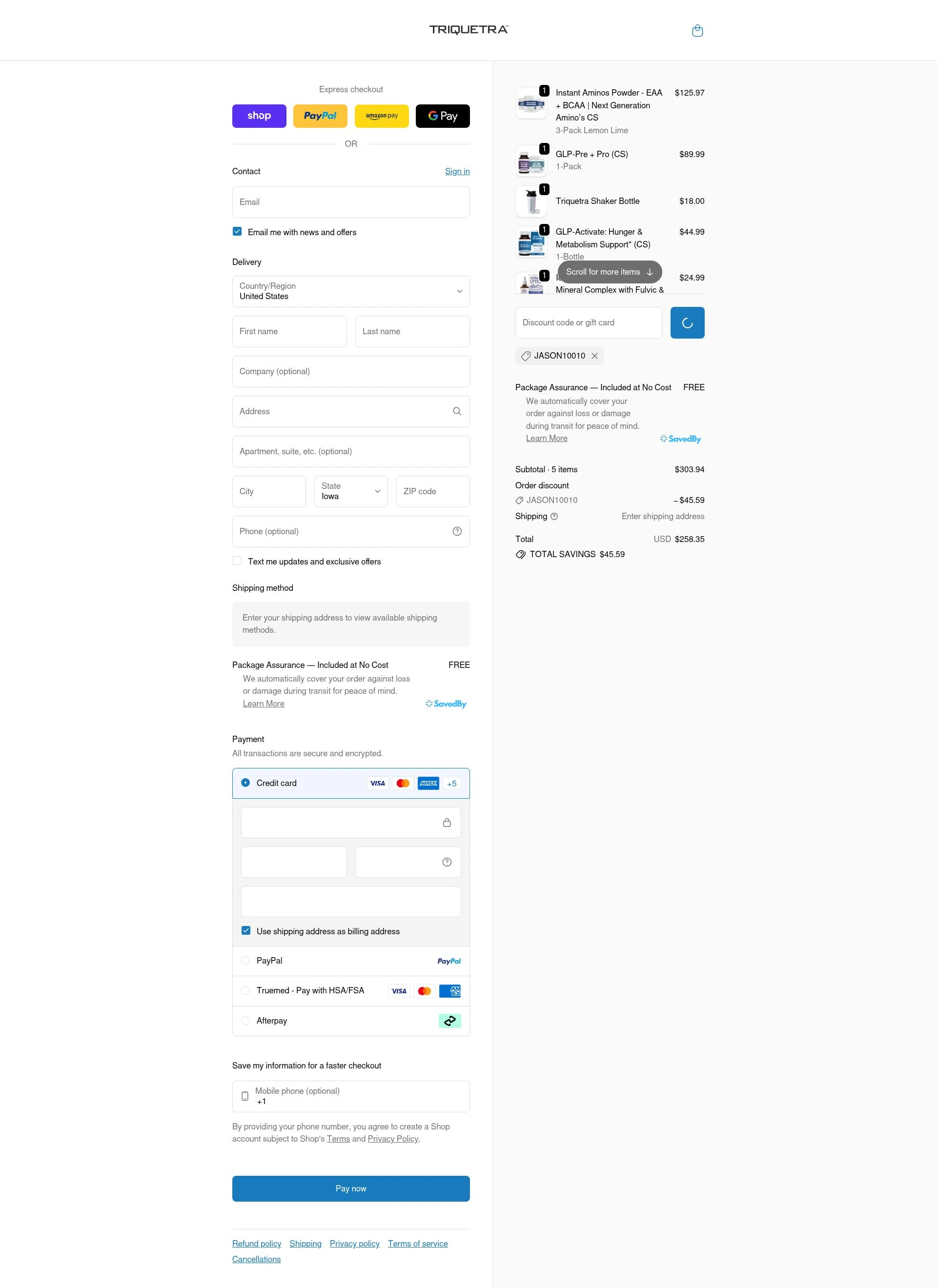 Triquetra Health checkout page showing Triquetra Health discount code box | Screenshot taken by SimplyCodes community member on Feb 8, 2026