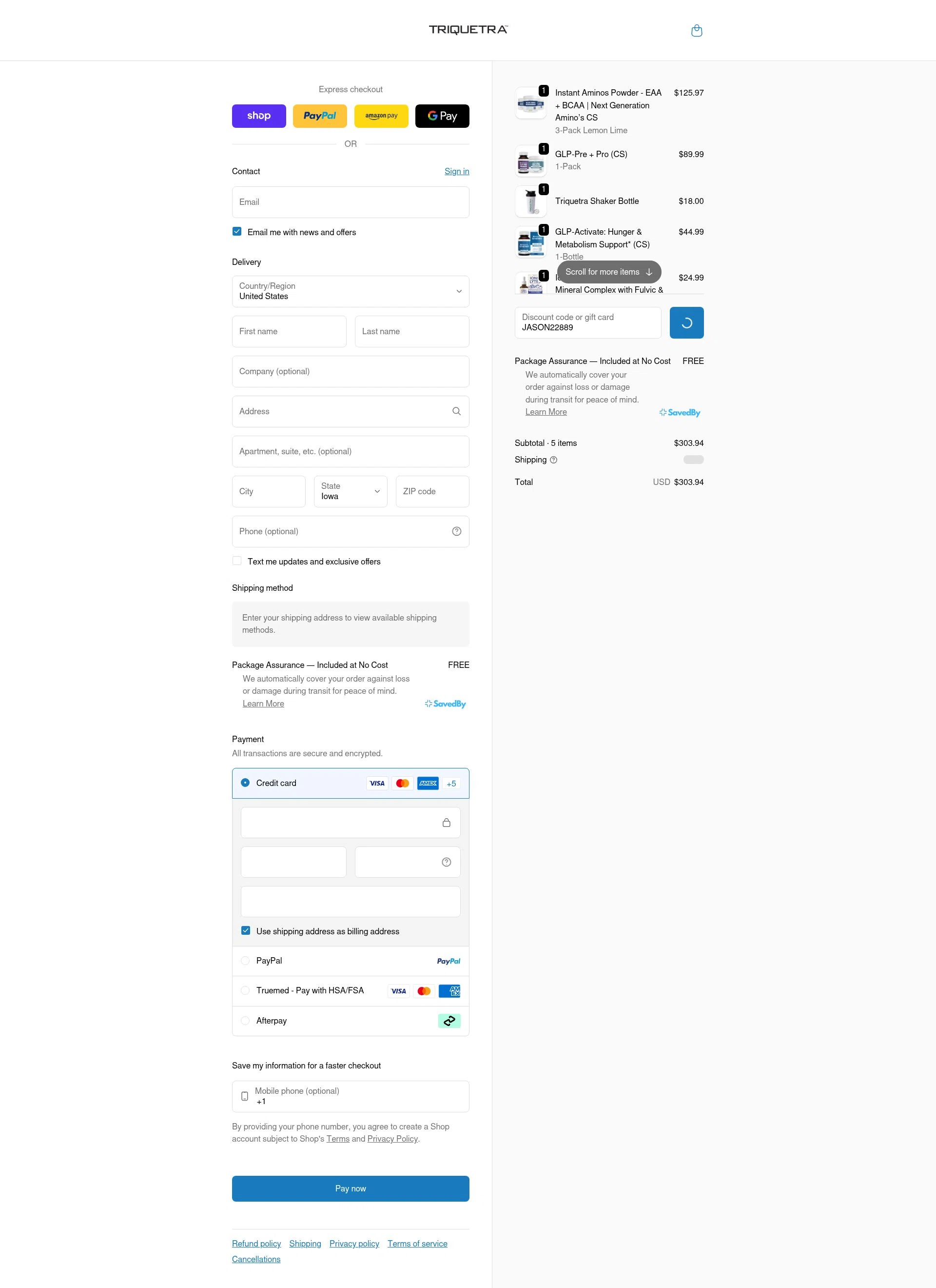 Triquetra Health checkout page showing Triquetra Health discount code box | Screenshot taken by SimplyCodes community member on Feb 8, 2026