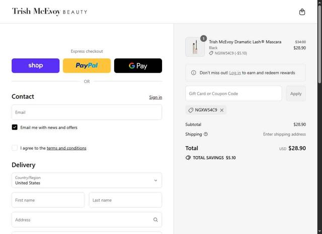 Trish McEvoy checkout page showing Trish McEvoy coupon code box | Screenshot taken by SimplyCodes community member on Sep 10, 2025