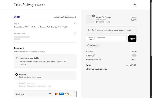 Trish McEvoy checkout page showing Trish McEvoy coupon code box | Screenshot taken by SimplyCodes community member on Sep 4, 2025