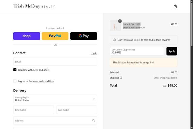 Trish McEvoy checkout page showing Trish McEvoy coupon code box | Screenshot taken by SimplyCodes community member on Sep 8, 2025