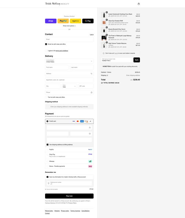 Trish McEvoy checkout page showing Trish McEvoy coupon code box | Screenshot taken by SimplyCodes community member on Aug 31, 2025