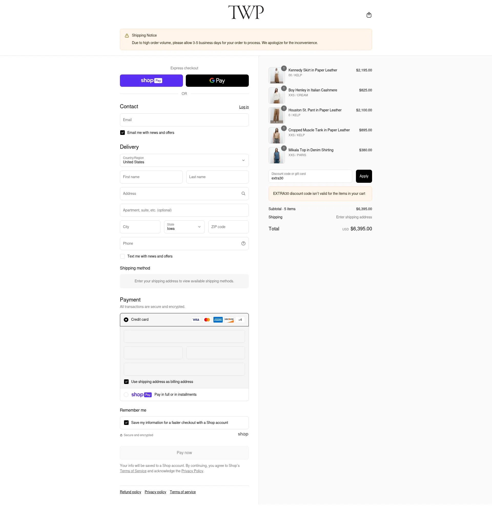 TWP Clothing checkout page showing TWP Clothing discount code box | Screenshot taken by SimplyCodes community member on Jul 18, 2025