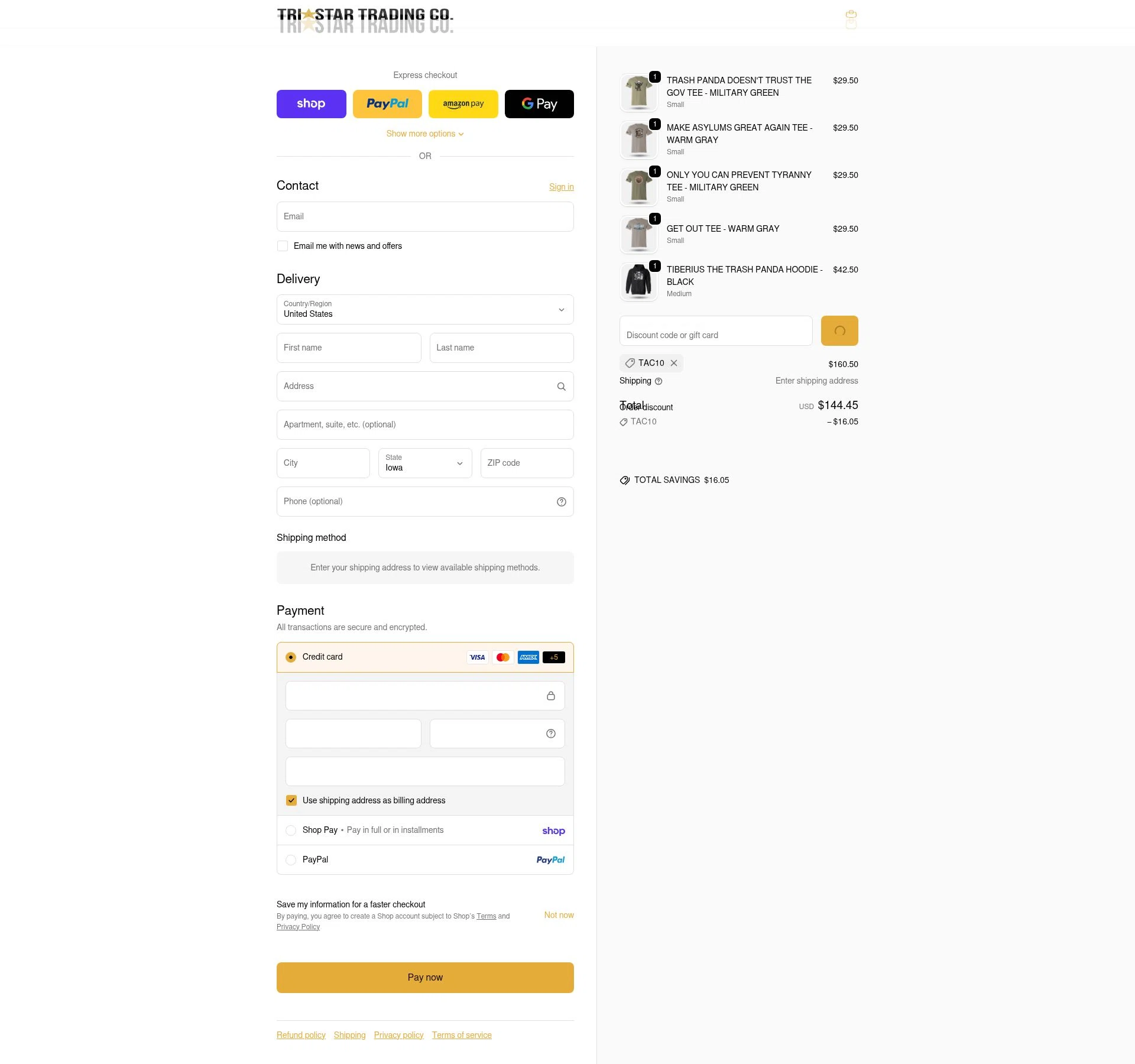 TriStar Trading Co. checkout page showing TriStar Trading Co. promo code box | Screenshot taken by SimplyCodes community member on Feb 14, 2026