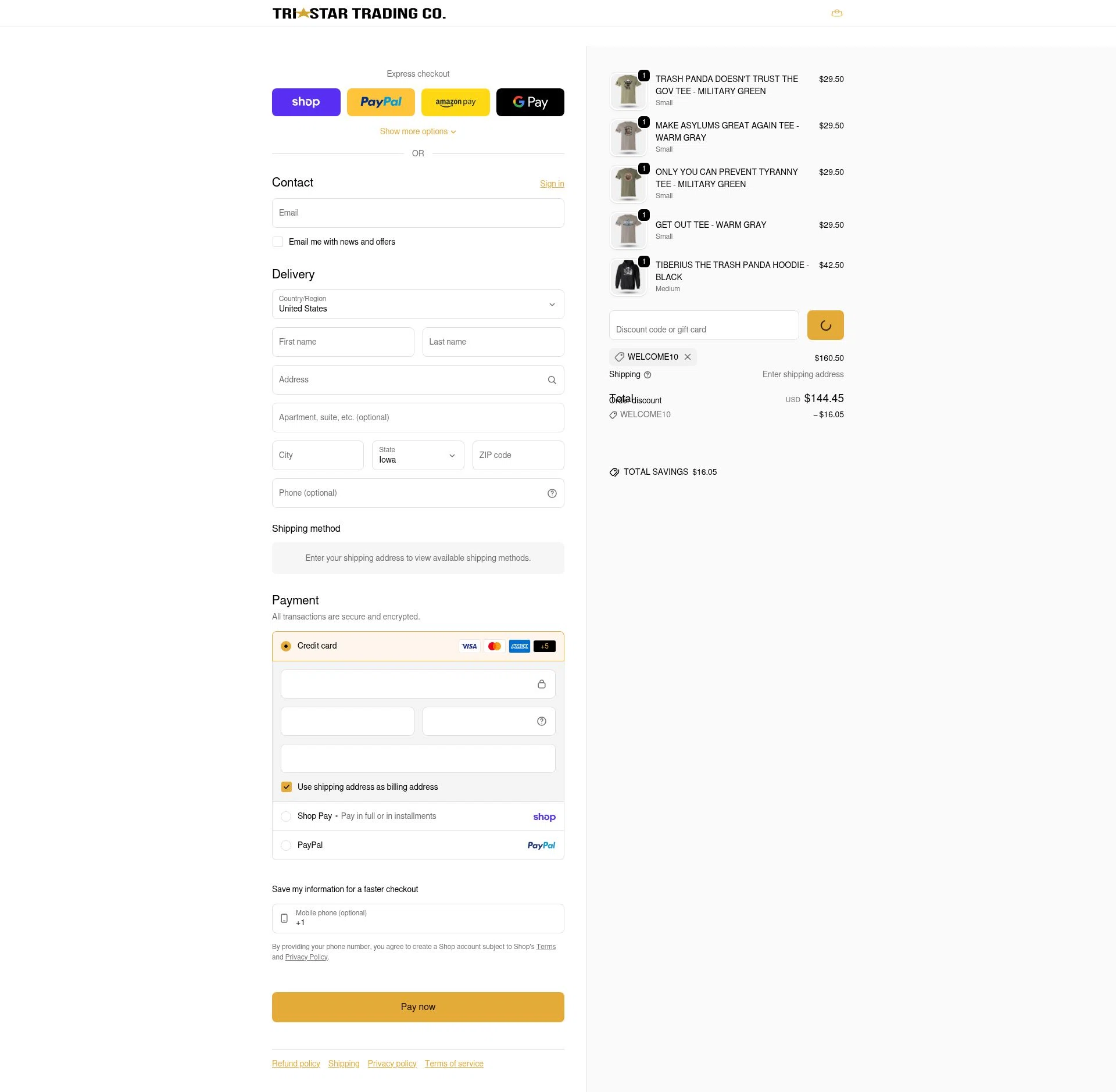 TriStar Trading Co. checkout page showing TriStar Trading Co. promo code box | Screenshot taken by SimplyCodes community member on Feb 10, 2026