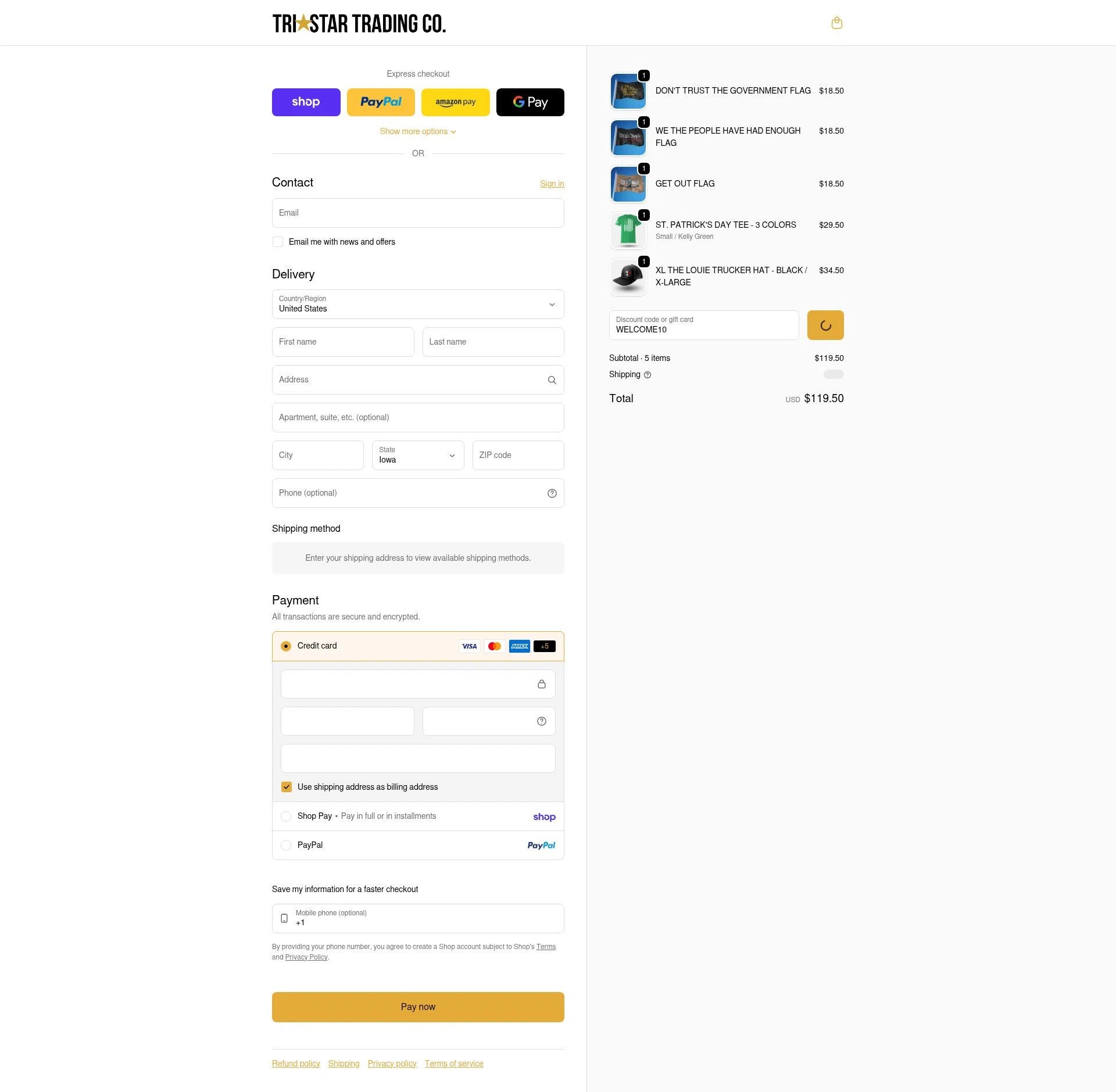 TriStar Trading Co. checkout page showing TriStar Trading Co. promo code box | Screenshot taken by SimplyCodes community member on Feb 23, 2026