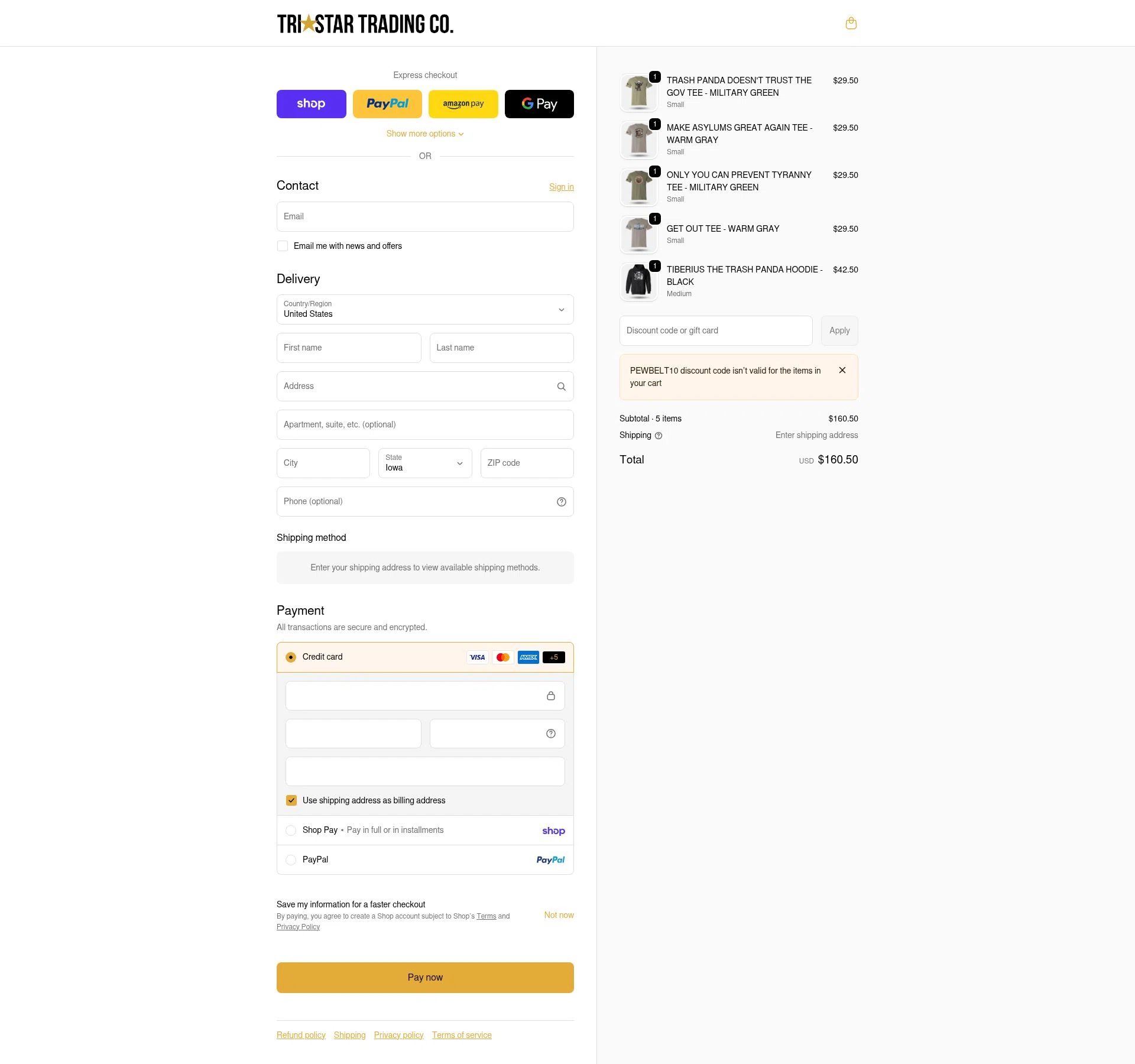 TriStar Trading Co. checkout page showing TriStar Trading Co. promo code box | Screenshot taken by SimplyCodes community member on Feb 14, 2026