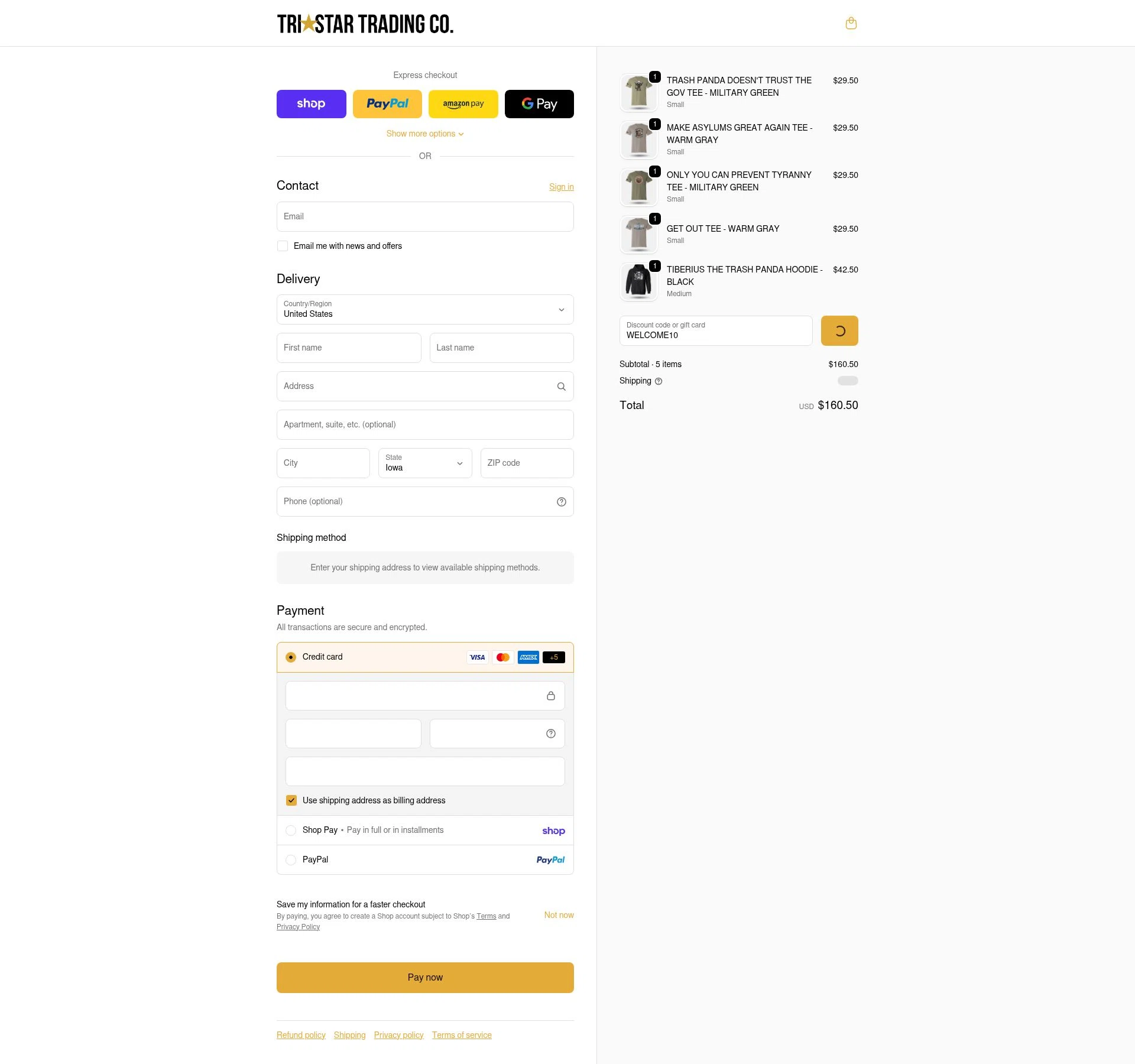 TriStar Trading Co. checkout page showing TriStar Trading Co. promo code box | Screenshot taken by SimplyCodes community member on Feb 14, 2026