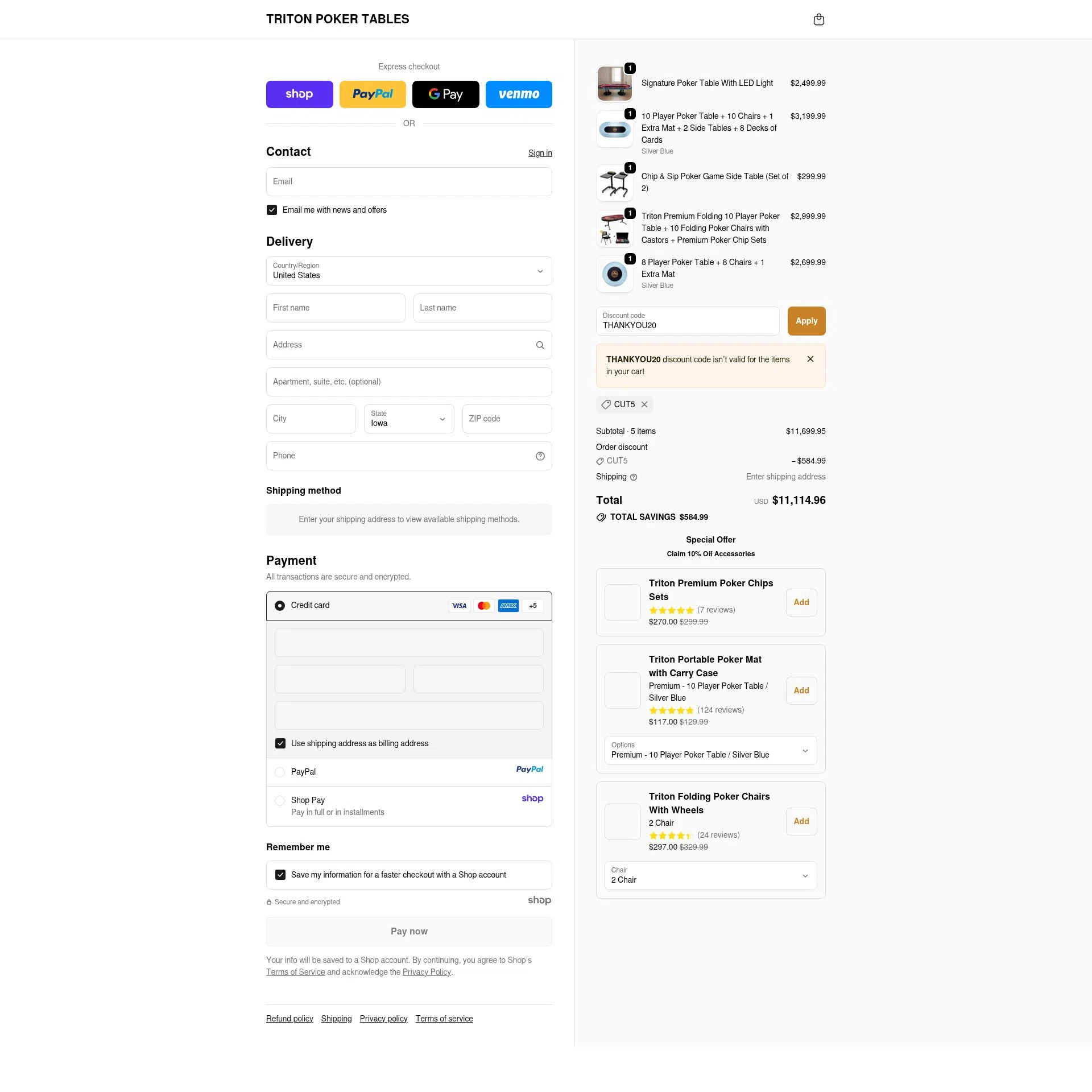 Triton Poker Tables checkout page showing Triton Poker Tables promo code box | Screenshot taken by SimplyCodes community member on Oct 18, 2025