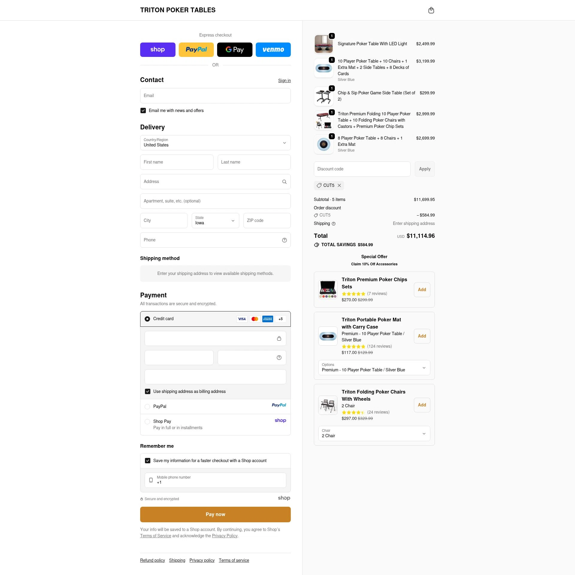 Triton Poker Tables checkout page showing Triton Poker Tables promo code box | Screenshot taken by SimplyCodes community member on Oct 22, 2025