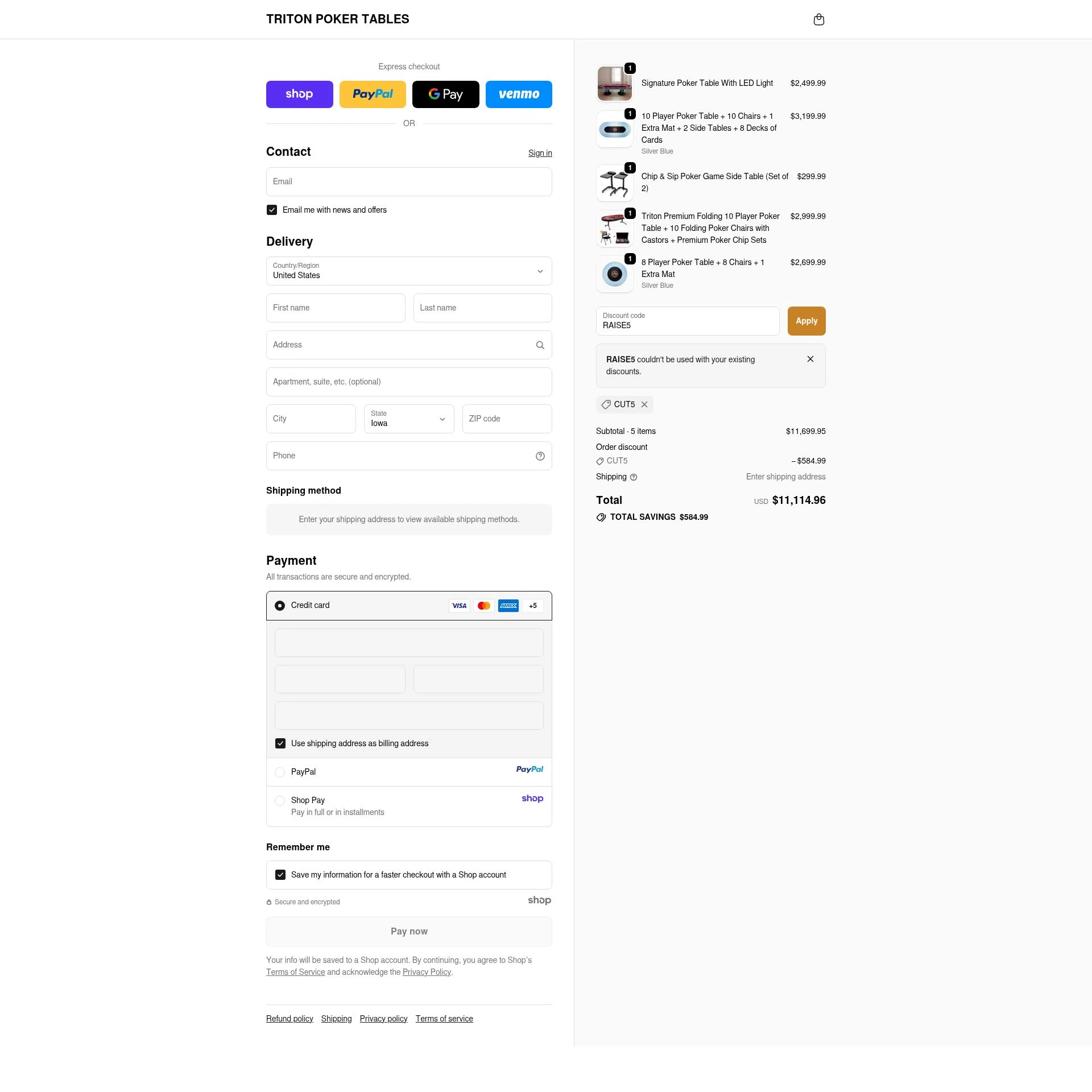 Triton Poker Tables checkout page showing Triton Poker Tables promo code box | Screenshot taken by SimplyCodes community member on Oct 26, 2025