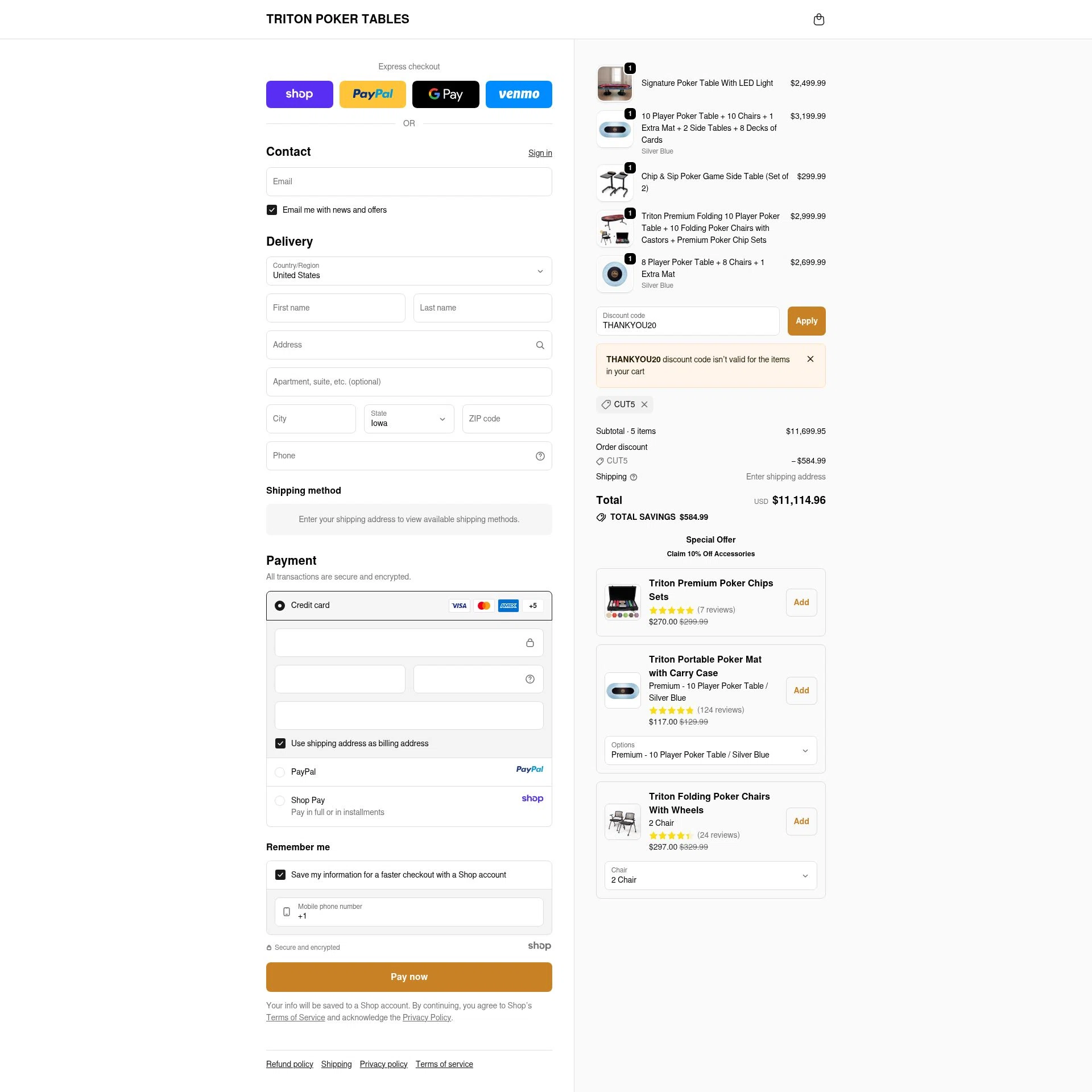 Triton Poker Tables checkout page showing Triton Poker Tables promo code box | Screenshot taken by SimplyCodes community member on Oct 26, 2025