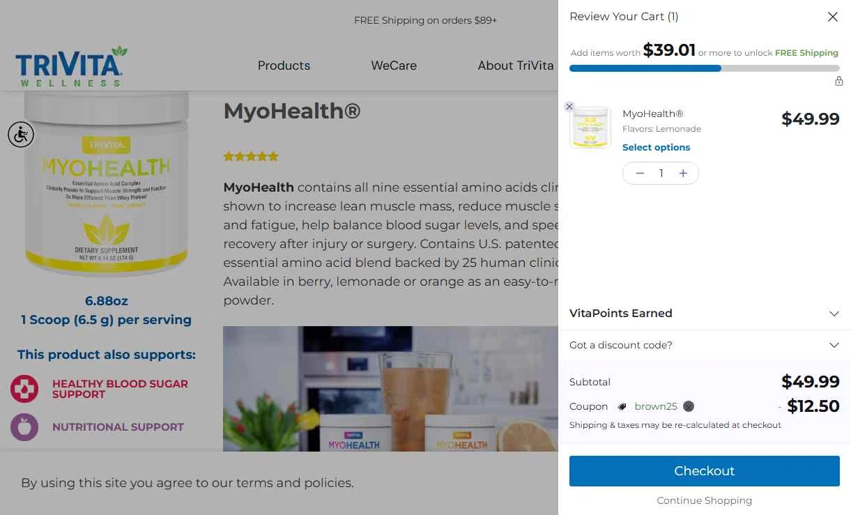 TriVita checkout page showing TriVita promo code box | Screenshot taken by SimplyCodes community member on Jun 7, 2025