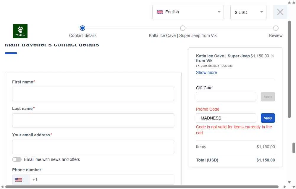 Troll Expeditions checkout page showing Troll Expeditions promo code box | Screenshot taken by SimplyCodes community member on Jun 4, 2025
