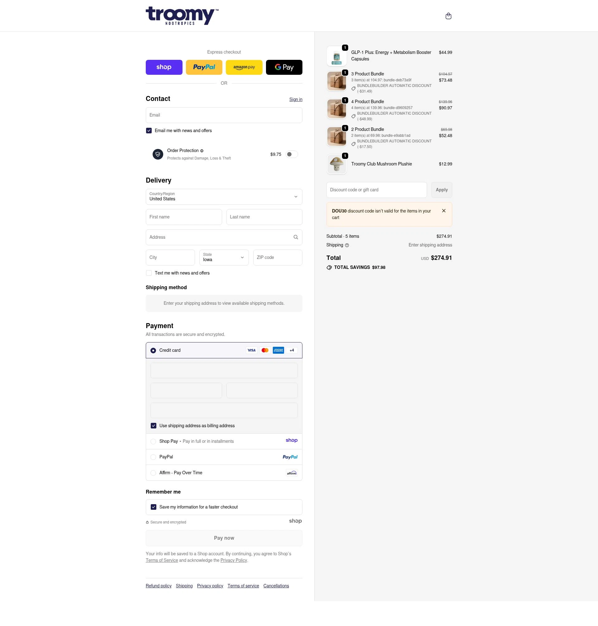 Troomy checkout page showing Troomy promo code box | Screenshot taken by SimplyCodes community member on Jan 2, 2026