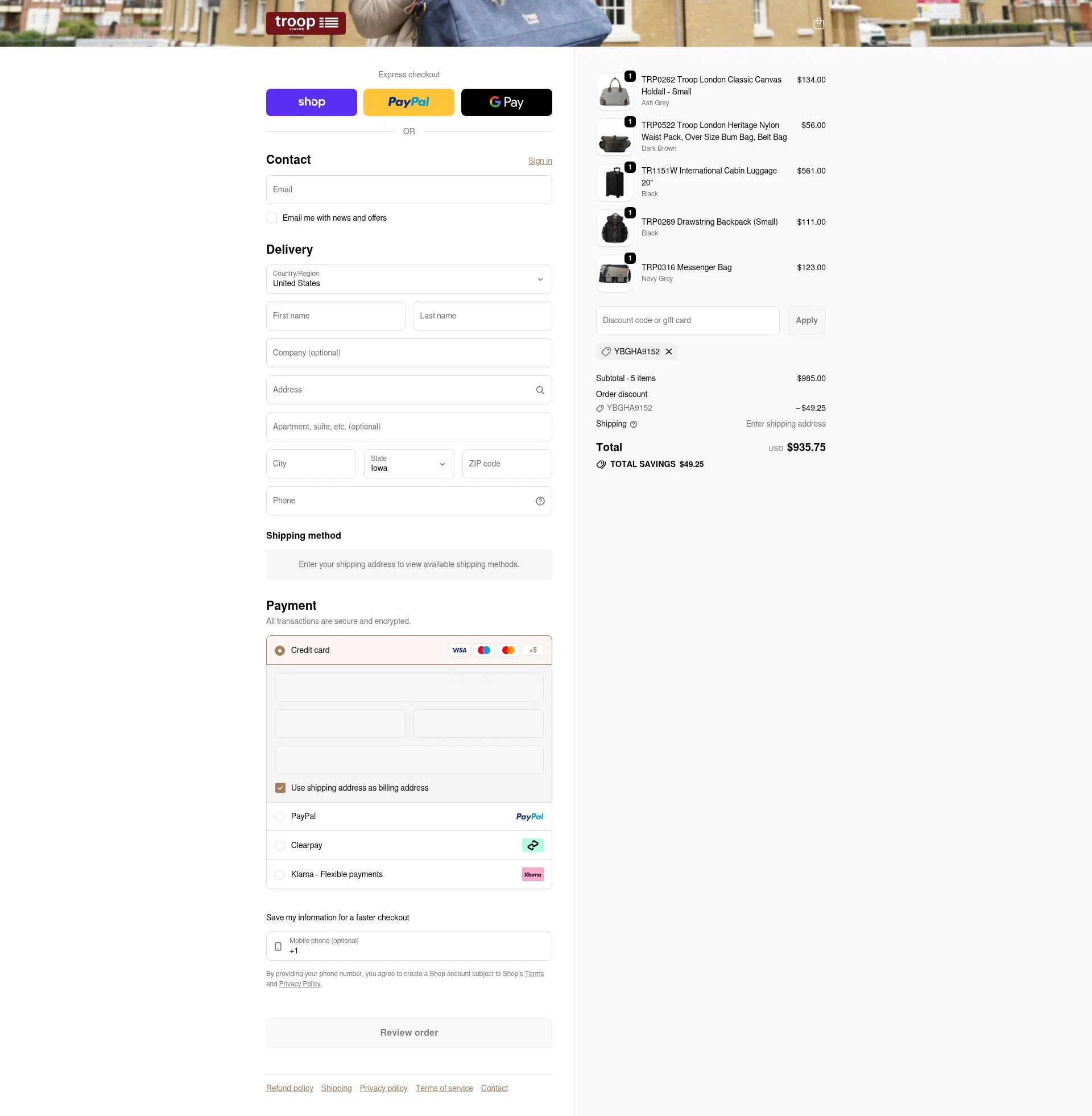 Troop London checkout page showing Troop London discount code box | Screenshot taken by SimplyCodes community member on Feb 6, 2026