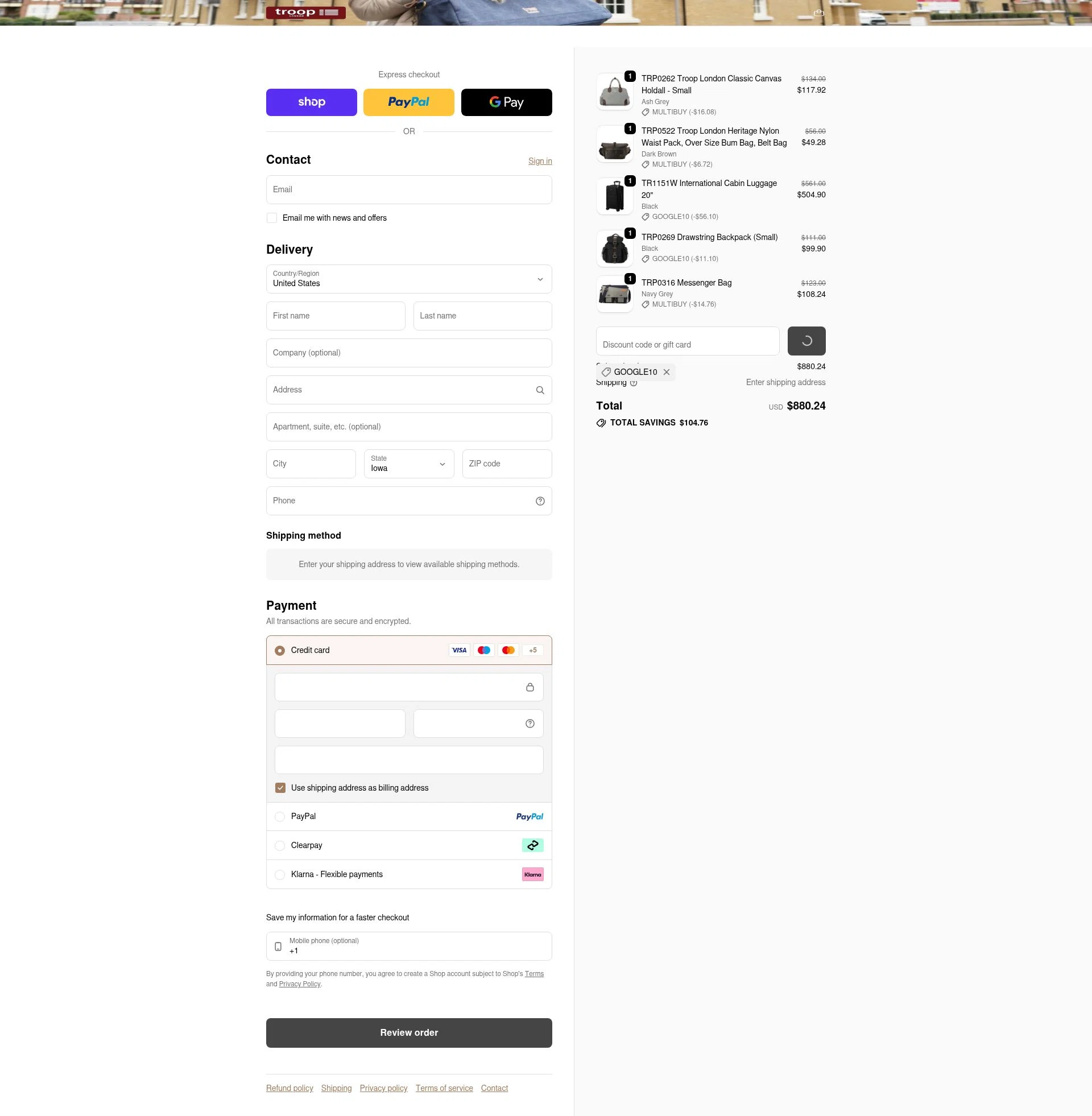 Troop London checkout page showing Troop London discount code box | Screenshot taken by SimplyCodes community member on Feb 6, 2026
