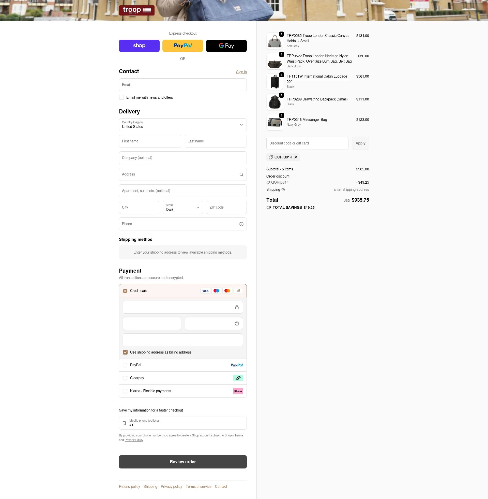 Troop London checkout page showing Troop London discount code box | Screenshot taken by SimplyCodes community member on Feb 6, 2026