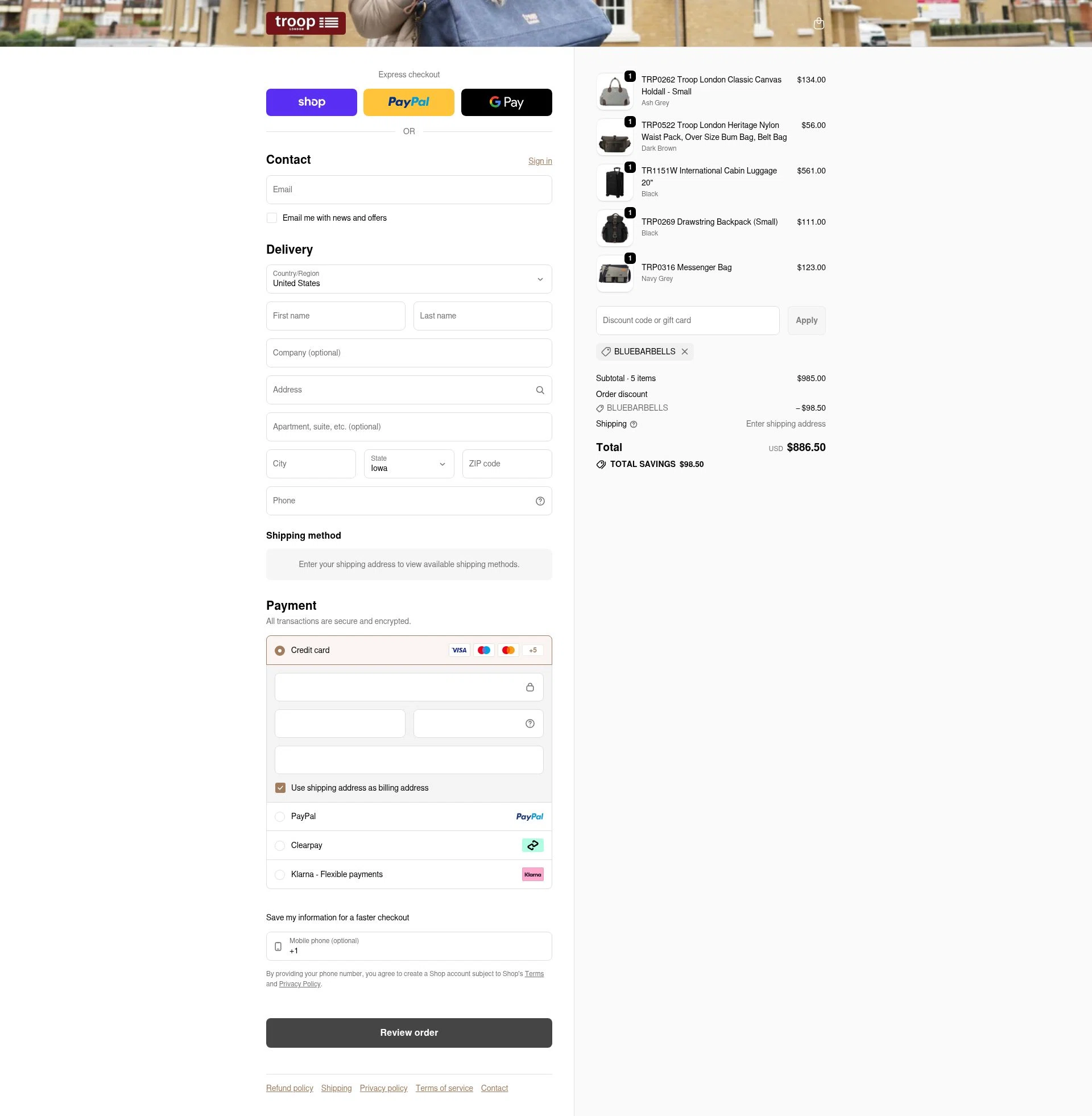 Troop London checkout page showing Troop London discount code box | Screenshot taken by SimplyCodes community member on Feb 6, 2026