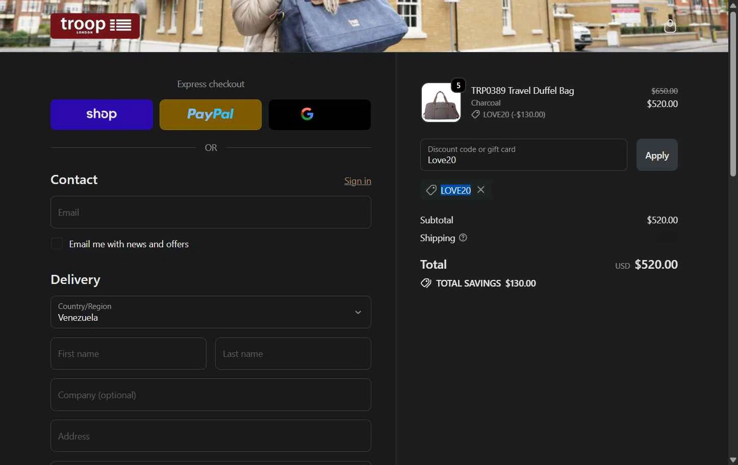 Troop London checkout page showing Troop London discount code box | Screenshot taken by SimplyCodes community member on Feb 6, 2026