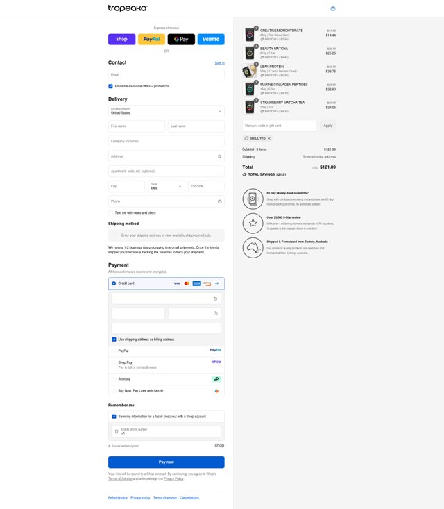 Tropeaka checkout page showing Tropeaka discount code box | Screenshot taken by SimplyCodes community member on Sep 8, 2025