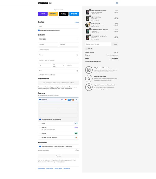 Tropeaka checkout page showing Tropeaka discount code box | Screenshot taken by SimplyCodes community member on Sep 8, 2025