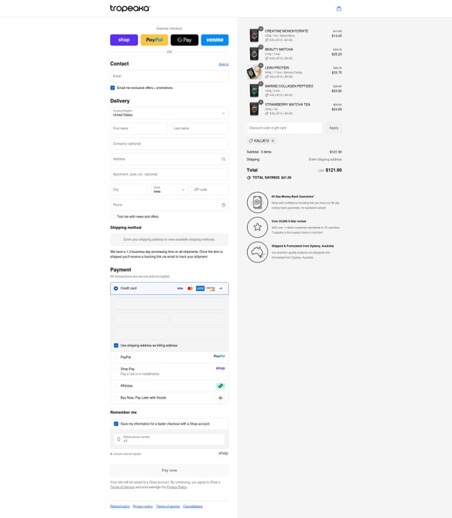Tropeaka checkout page showing Tropeaka discount code box | Screenshot taken by SimplyCodes community member on Sep 8, 2025