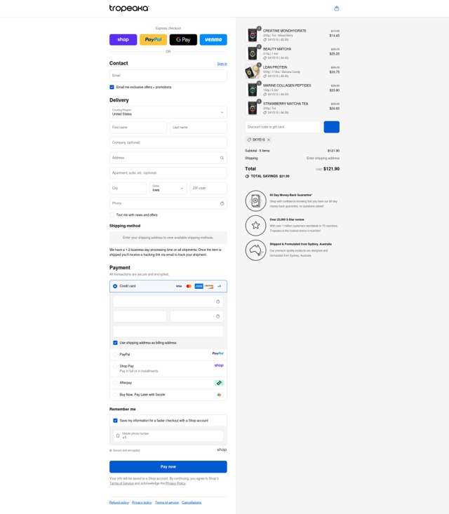 Tropeaka checkout page showing Tropeaka discount code box | Screenshot taken by SimplyCodes community member on Sep 8, 2025